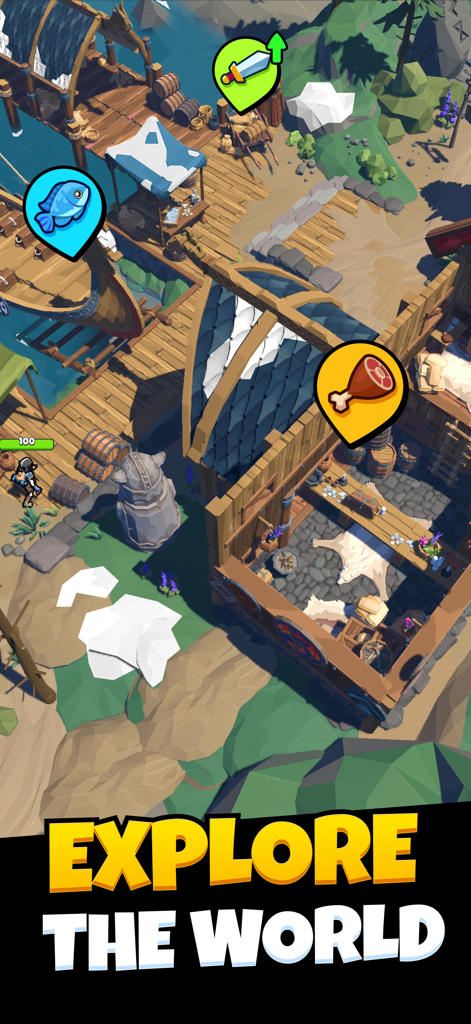 A top-down gameplay screenshot of a Viking era settlement featuring resource icons and a boat at a dock.