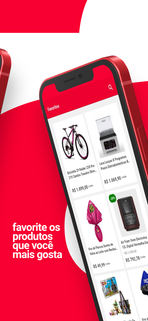 Americanas: Compras Online - スマートフォン画面、自転車やエアフライヤーなどのさまざまな製品が表示されたAmericanasアプリのお気に入りセクションを表示