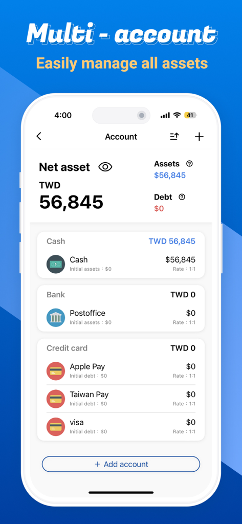 CWMoney mobile app interface showing net asset overview and multi-account management for cash bank and credit cards