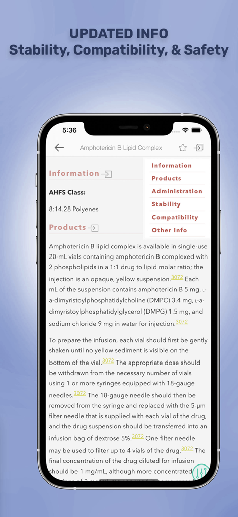 Handbook on Injectable Drugs - A mobile screen from the Handbook on Injectable Drugs app displaying detailed drug stability and compatibility information.