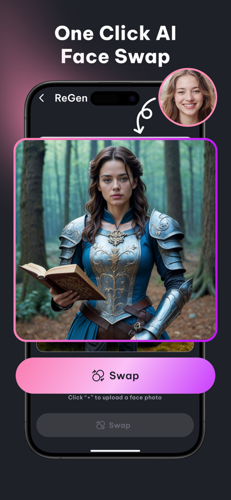 Regen - AI Image Generator - Smartphone screen showing the Regen app interface for a one click AI face swap onto a fantasy character in medieval armor