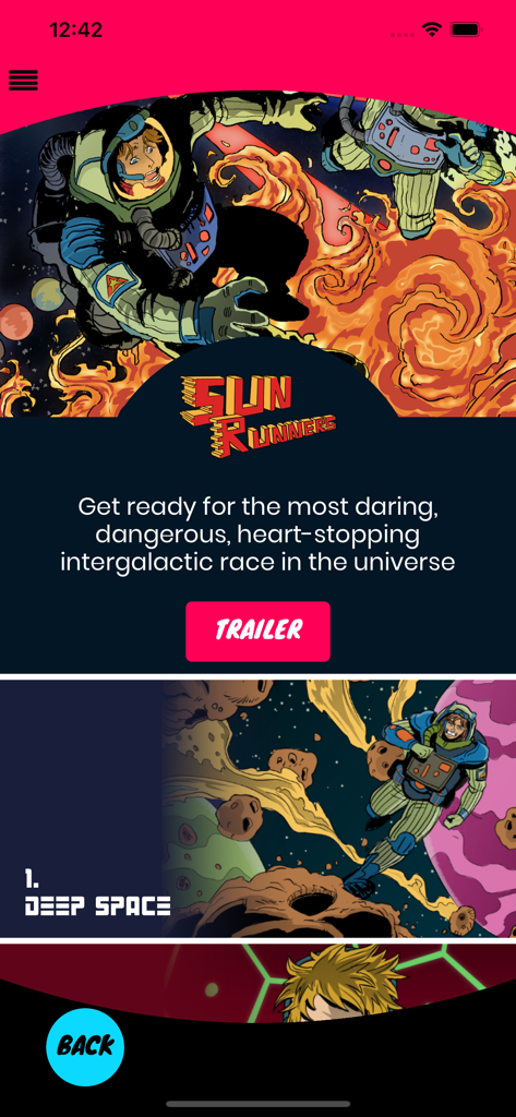 AUDIOPLAY - Story selection screen for the Sun Runners adventure featuring comic book style illustrations of astronauts in space.