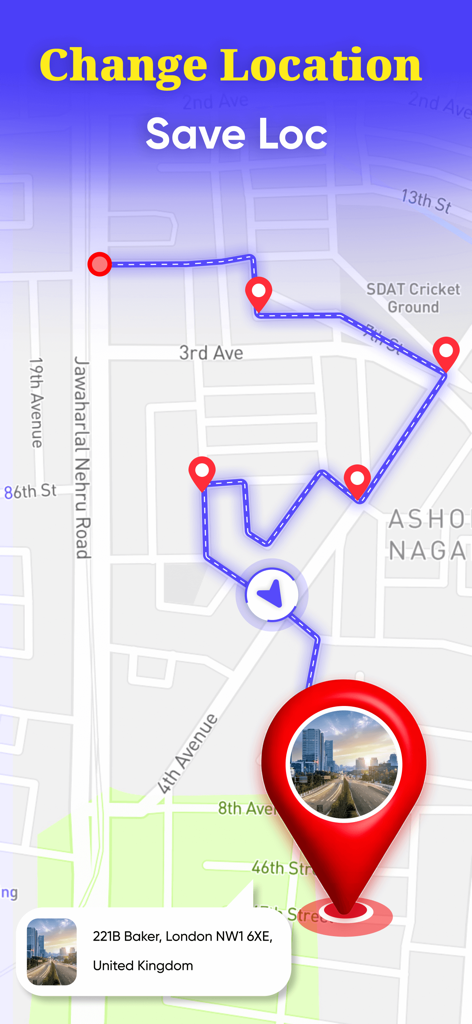 Change Location & Save GPS - Navigation map interface showing multiple saved GPS pins and a route