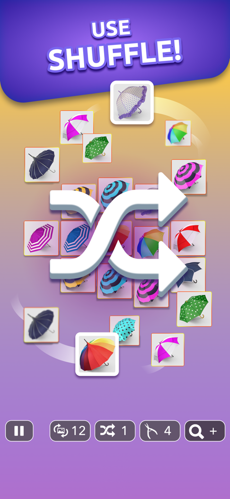 Onnect – Pair Matching Puzzle - Onnect pair matching puzzle gameplay showing the shuffle feature with colorful umbrella tiles