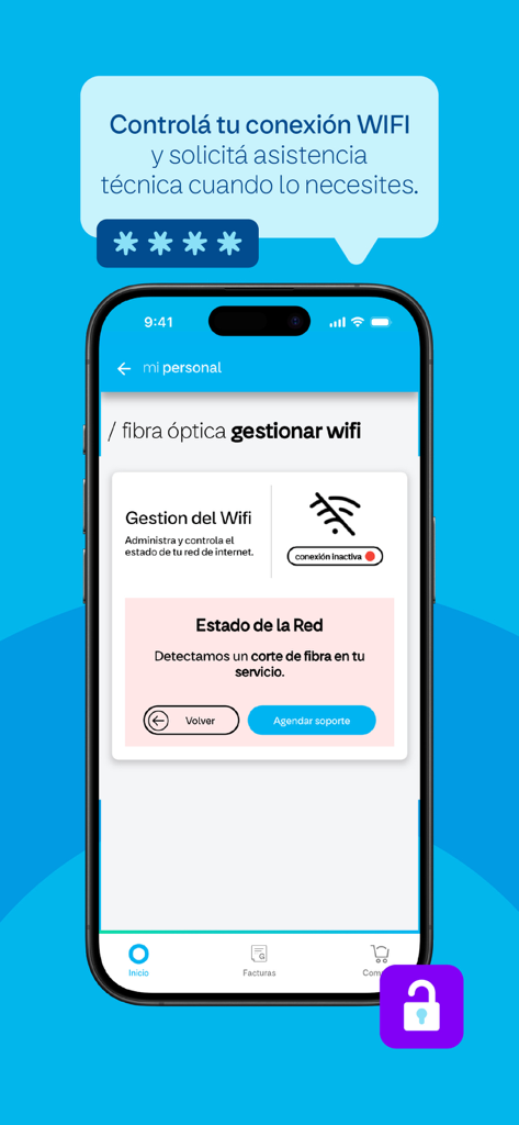 Mi Personal - Paraguay - Interface of the Mi Personal Paraguay app showing WiFi management and an option to request technical assistance for a fiber optic connection issue