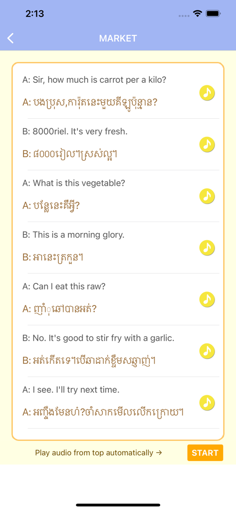 Écran de l'application de langue khmère montrant des phrases de conversation sur le marché en anglais et en khmer avec des icônes audio