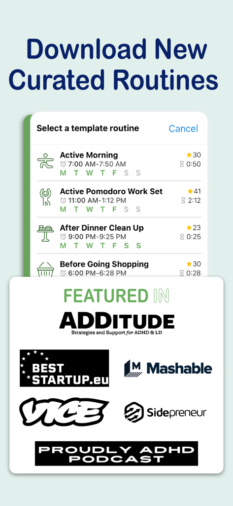 Brili Routines app interface showing curated templates and press mentions like ADDitude and Mashable