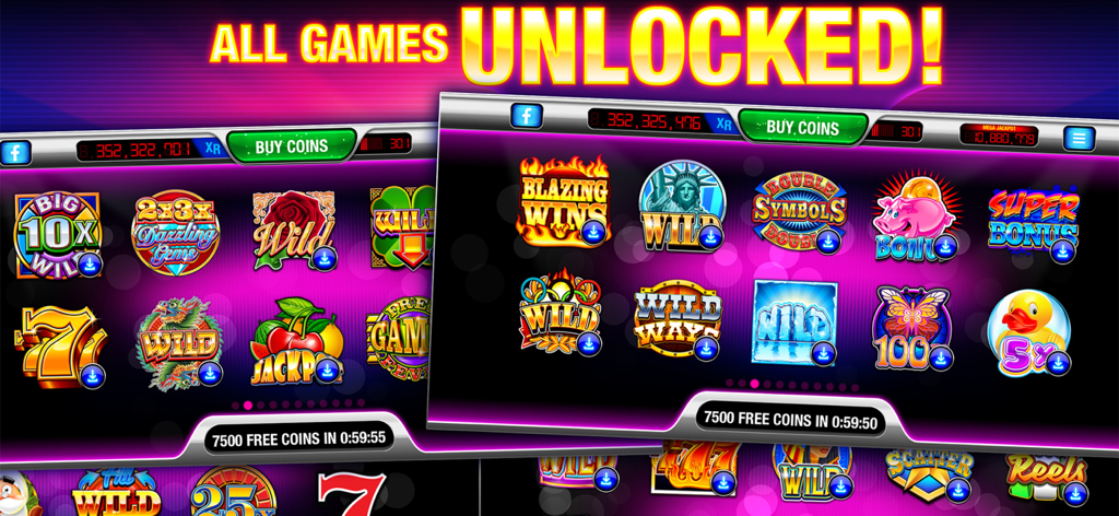 Xtreme Vegas 777 app interface showing a wide selection of classic 3-reel slot machines with a banner stating All Games Unlocked