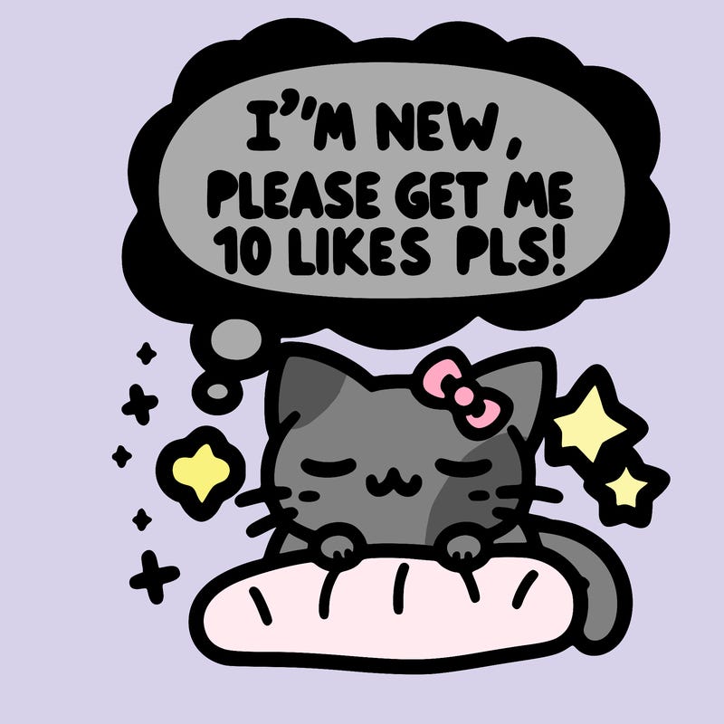 kitty taking a nap dream talking and saying "i'm new, please get me at least 10 likes pls!!"