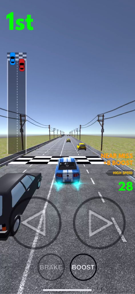 Racing Clash: Car Racing - A blue sports car in first place during a high speed highway race with onscreen controls.