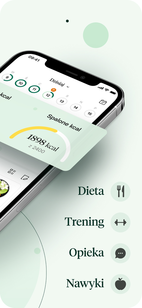 Respo: Dieta i Licznik kalorii - Respo mobile app interface showing burned calories tracker and categories for diet training and habits