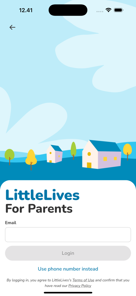 LittleLives for Parents - Login screen for the LittleLives for Parents app featuring email input and colorful house illustrations.