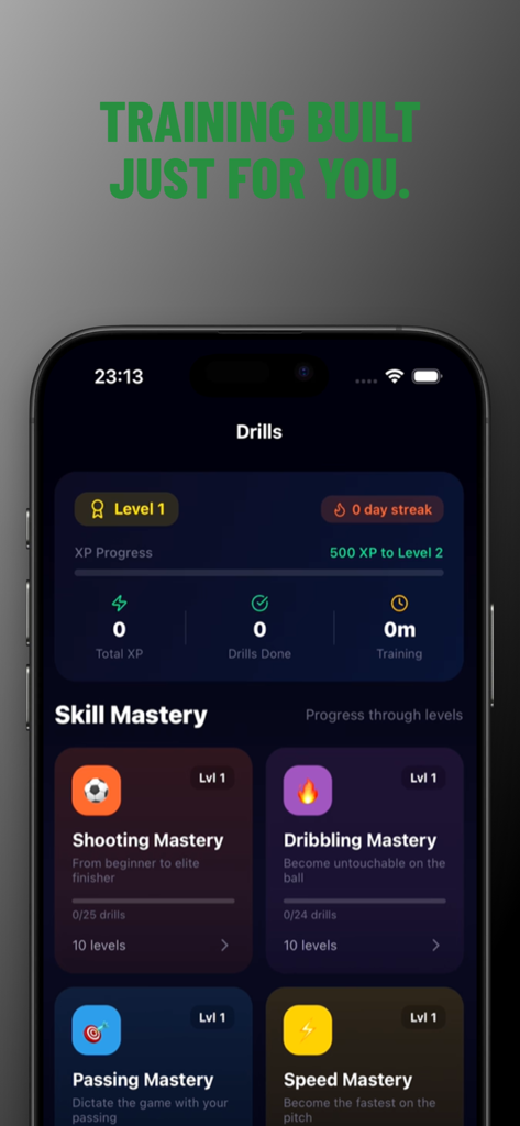 Ronaldify: AI Football Coach - Panel de control de la aplicación Ronaldify que muestra los niveles de maestría de habilidades para tiro, regate y pase