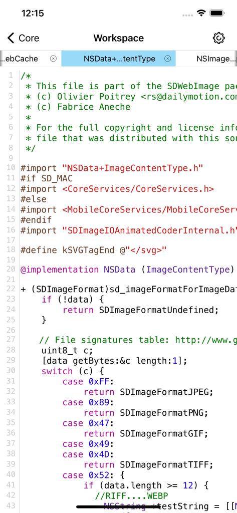 Code-Viewer - Objective-C source code displayed in Code-Viewer app with syntax highlighting and line numbers