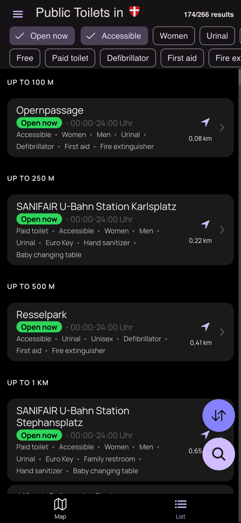 Eine Liste öffentlicher Toiletten in Wien, sortiert nach Entfernung und mit Filtern für Einrichtungen