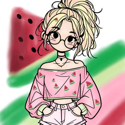 girl with a messy ponytail glasses a baggy crop top and jean shorts