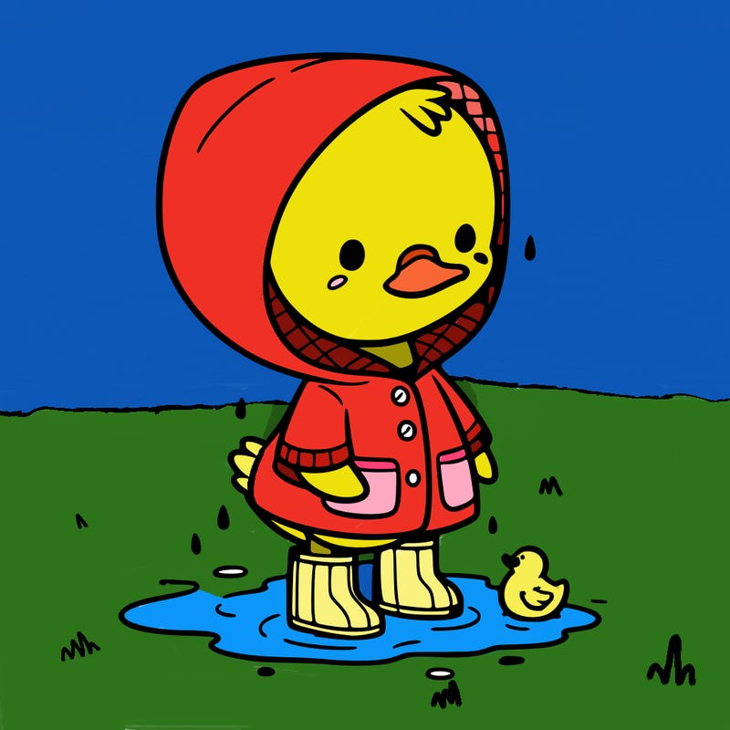 baby duck in a rain coat and boots, in a puddle while it’s raining