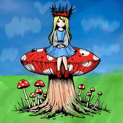 realistic girl sitting on a huge tree stump size toadstool with thorn crown