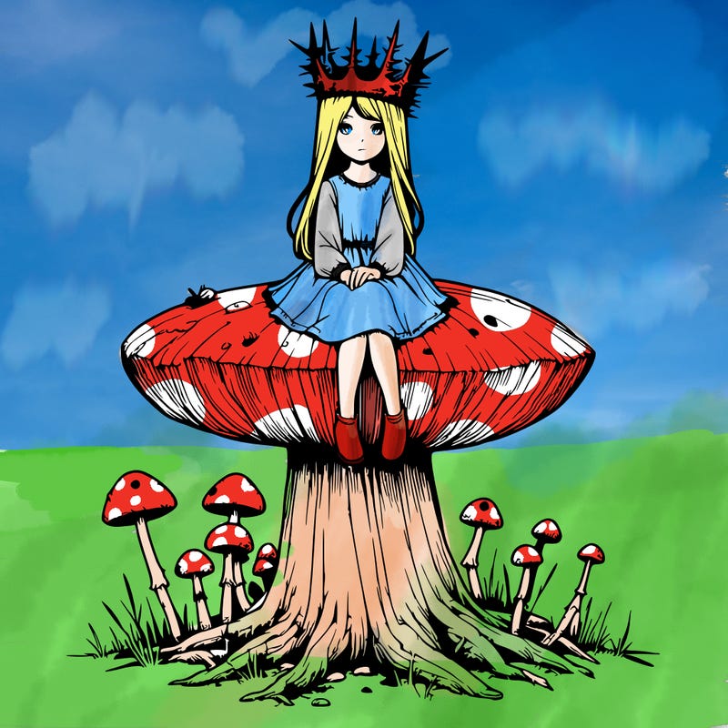 realistic girl sitting on a huge tree stump size toadstool with thorn crown