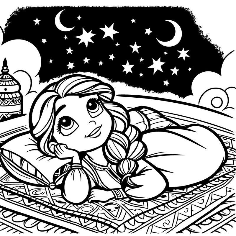 a princess lying on her back on a blanket, looking up at the stars with a dreamy expression.