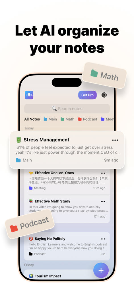 AI Note Taker: Voice & Video - Interface of the AI Note Taker app showing notes organized into categories like Math and Podcast