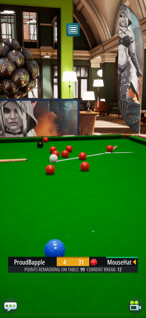 Jugabilidad 3D de Snooker Blitz en modo retrato con marcador multijugador