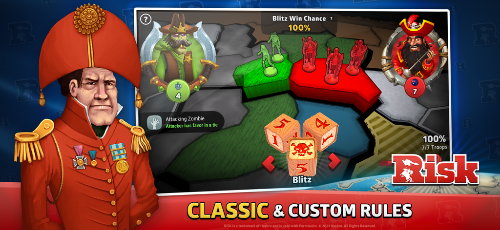 Pantalla de juego de RISK: Dominación Global que muestra el clásico juego de mesa con reglas personalizadas y avatares de personajes únicos