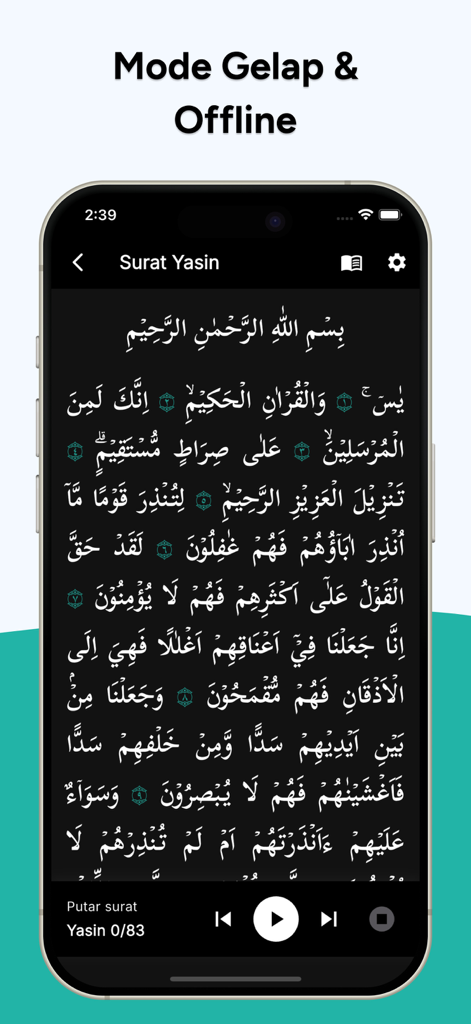 Yasin Tahlil Lengkap - Surat Yasin reading screen in dark mode with audio player and offline access