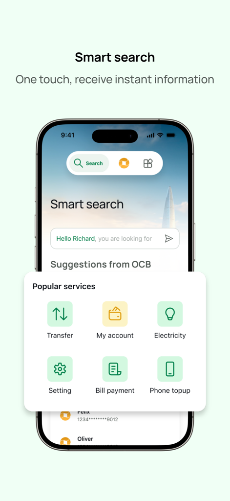 Interfaz de la aplicación de banca digital OCB OMNI mostrando una barra de búsqueda inteligente y un menú de servicios populares que incluyen transferencia de dinero y pagos de facturas.