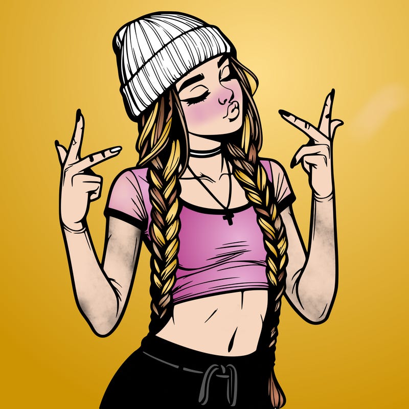 realistic teenage girl with braids and a beanie and crop top doing 🫶🏼