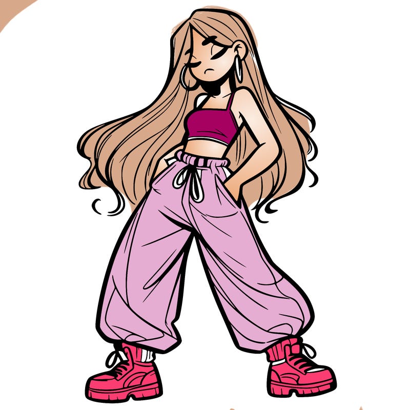 girl in baggy pants crop top and long hair