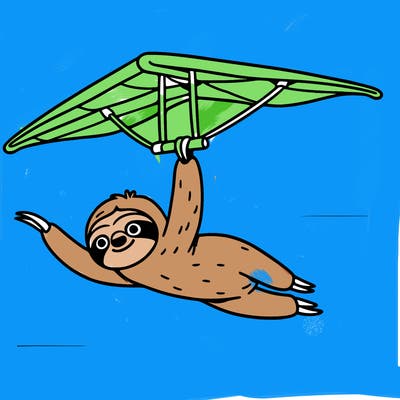 a sloth hang gliding slowly through a clear blue sky