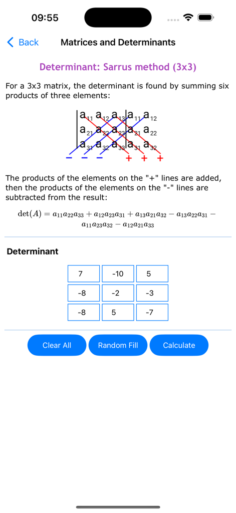 Screenshot der Lineare Algebra App, der die Berechnung einer 3x3-Determinante mit der Sarrus-Regel mit Formeln und Eingabegitter zeigt.