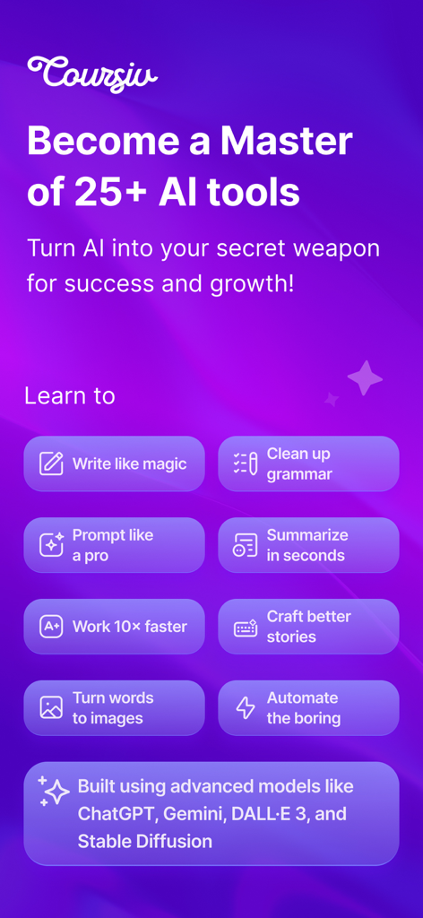 Coursiv App-Bildschirm, der Fähigkeiten zur Beherrschung von KI-Tools zeigt, einschließlich Texterstellung und Bilderzeugung
