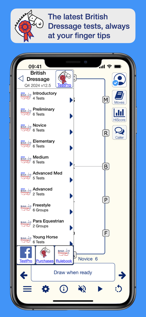 BD British Dressage TestPro - A smartphone screen displaying the British Dressage TestPro app with a menu of dressage test levels from Introductory to Advanced