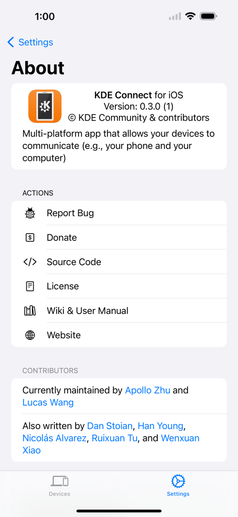The About screen of the KDE Connect iOS app displaying version info, open source actions, and a list of contributors.