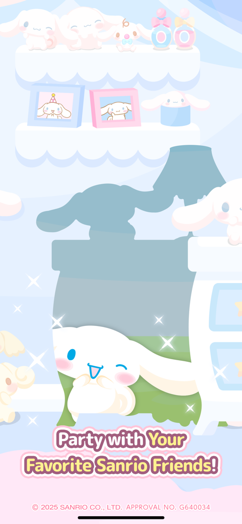 パステルカラーで装飾された部屋にいるシナモロールキャラクター。お気に入りのサンリオの友達とパーティーをしよう！というテキストが表示されています。