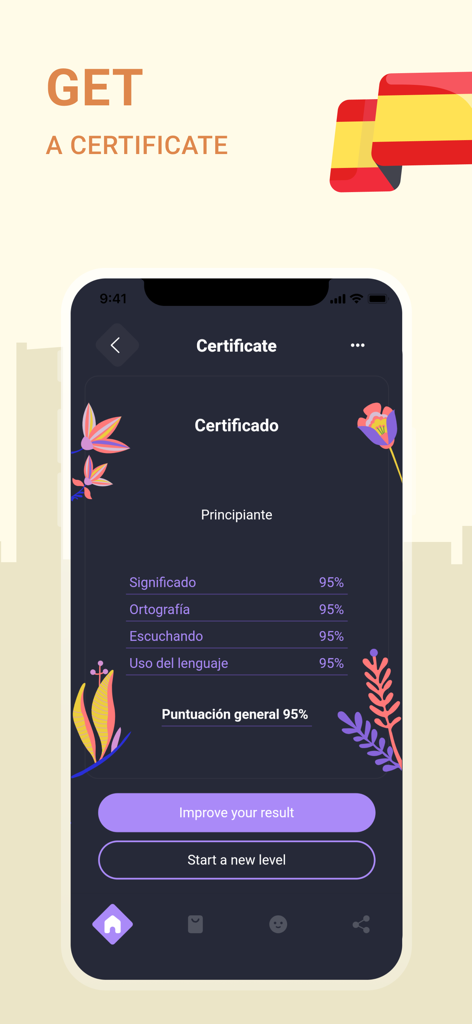 Spanish Words A1-B1 | 2Shine - Interface do aplicativo de aprendizado de espanhol mostrando um certificado com pontuações de teste e status de conclusão
