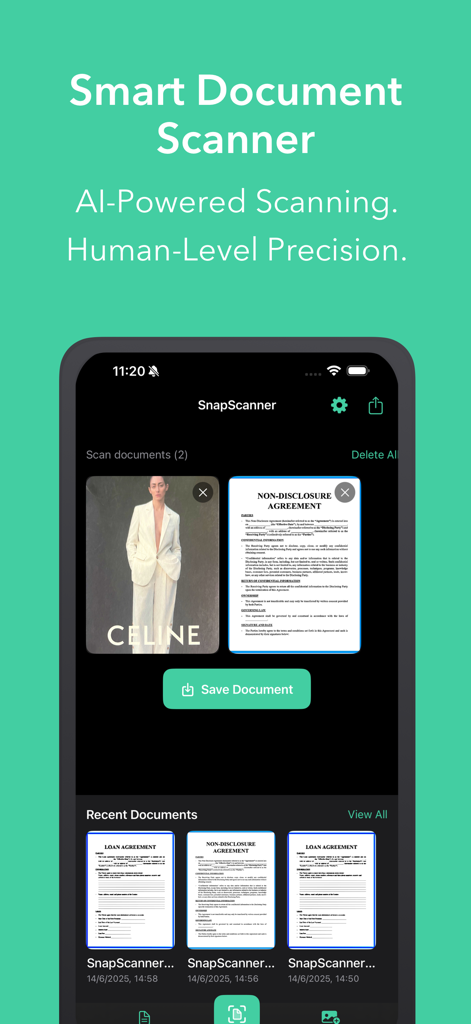 SnapScanner+ PDF, Docs & Cards - SnapScanner 인터페이스, AI 기반 문서 스캔 및 최근 문서 목록 표시