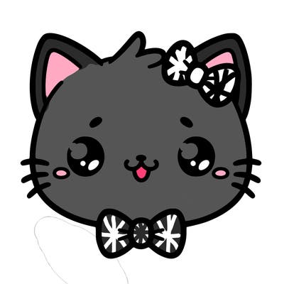 kawaii cat with a bow tie hanging from his ear