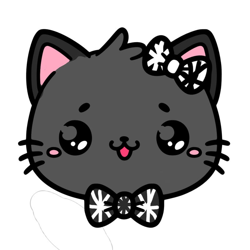 kawaii cat with a bow tie hanging from his ear