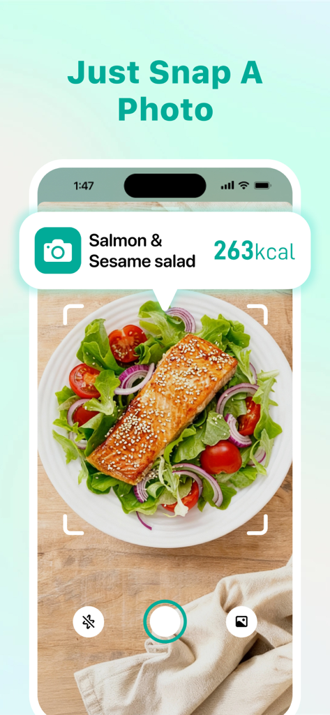 EasyFast - Calorie Counter - Interfaz de la aplicación EasyFast que muestra el conteo de calorías mediante el reconocimiento de fotos de alimentos
