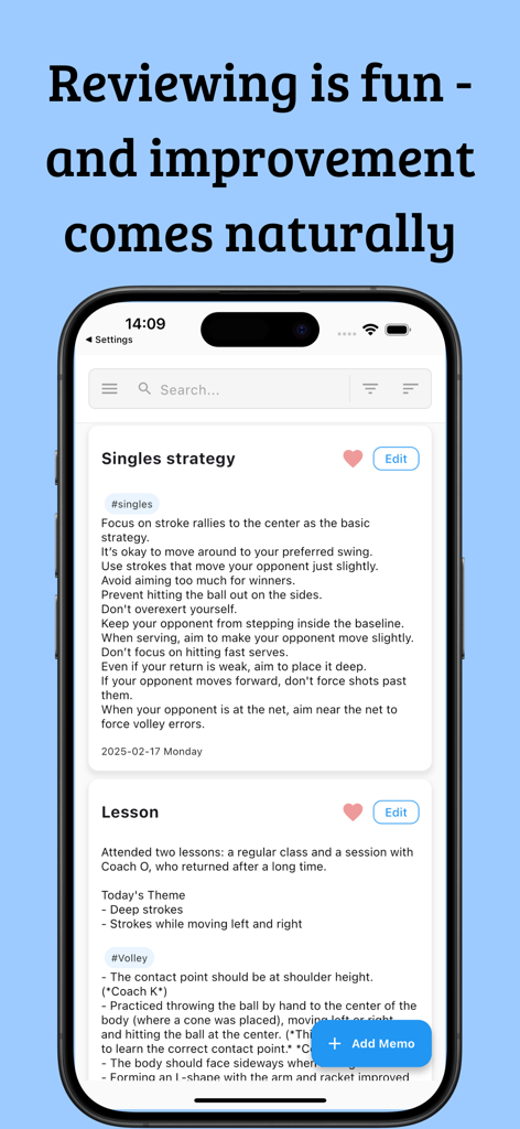 Tennis Memo - シングルス戦略とテニスのレッスンのための詳細なメモを表示するテニスノートアプリのインターフェース