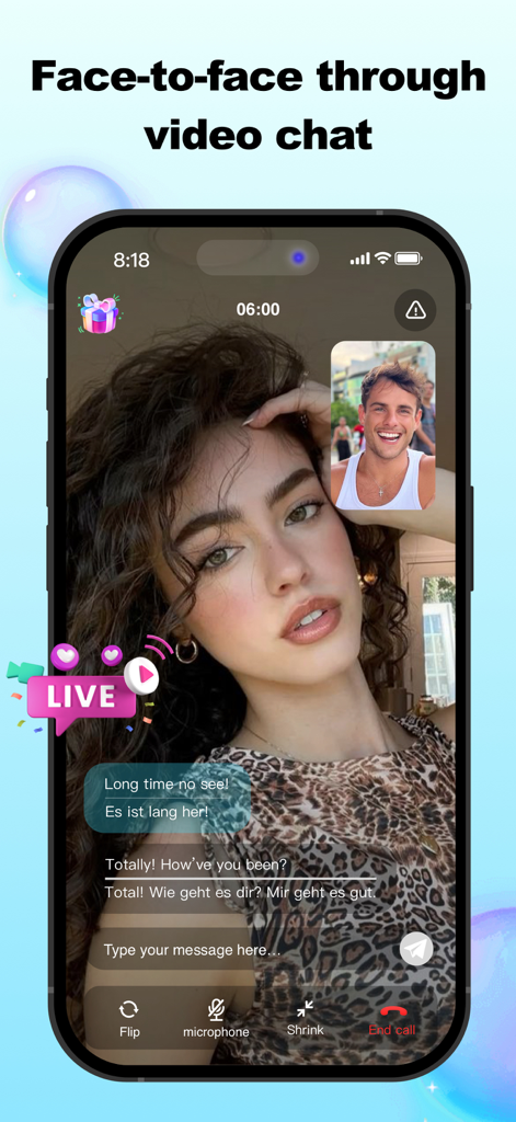 Una pantalla de smartphone que muestra la interfaz de chat de vídeo KALLA con una llamada en vivo entre dos usuarios jóvenes.