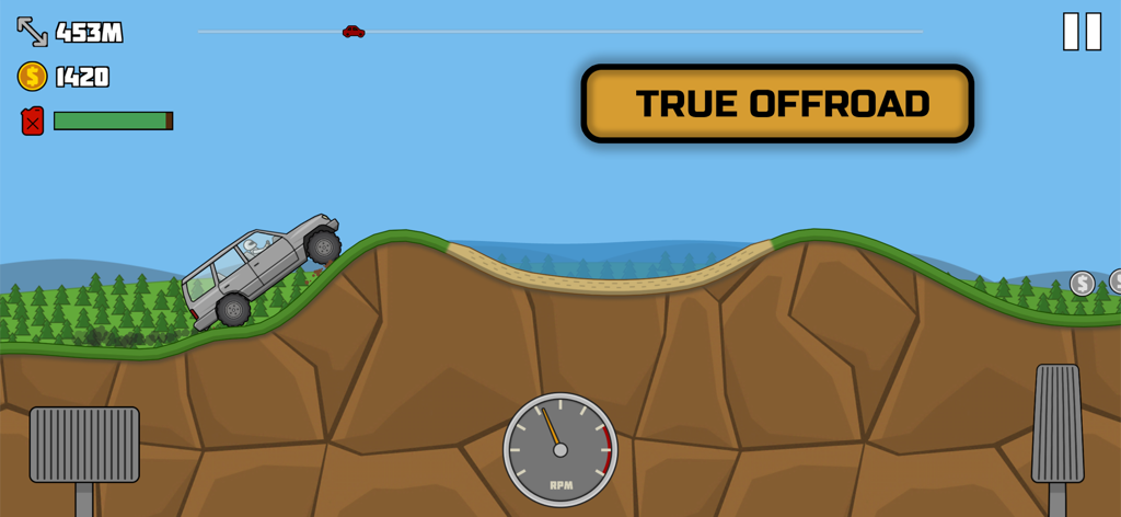 A grey SUV navigating a steep hill in an off-road racing game with forest scenery