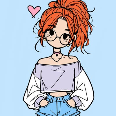 girl with a messy ponytail glasses a baggy crop top and jean shorts