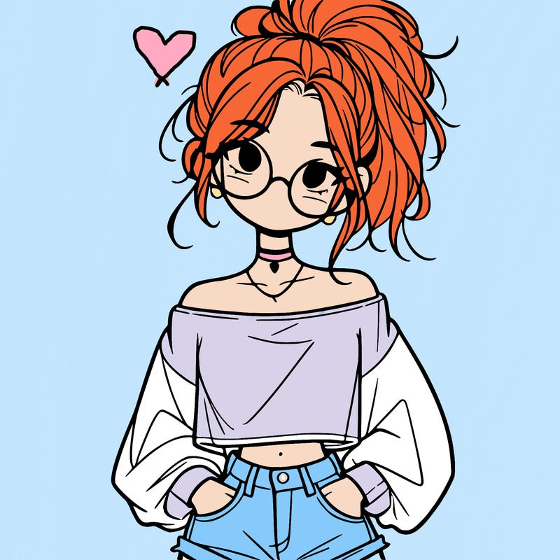 girl with a messy ponytail glasses a baggy crop top and jean shorts
