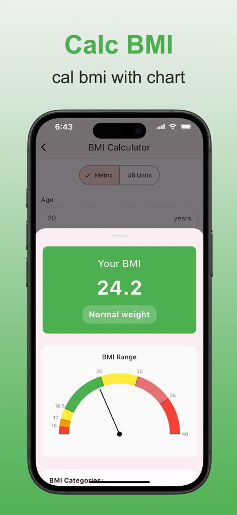 Calculator Box:All-in-one clac - Mobile screen of a BMI calculator showing a normal weight result and a color-coded gauge chart.