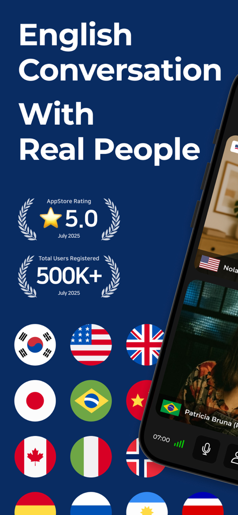 Exibição do aplicativo Episoden mostrando conversa em inglês com pessoas reais e bandeiras globais