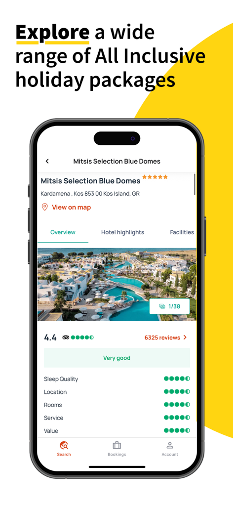 Thomas Cook Holidays & Travel - App de viajes Thomas Cook mostrando información detallada y reseñas de un resort todo incluido en Grecia